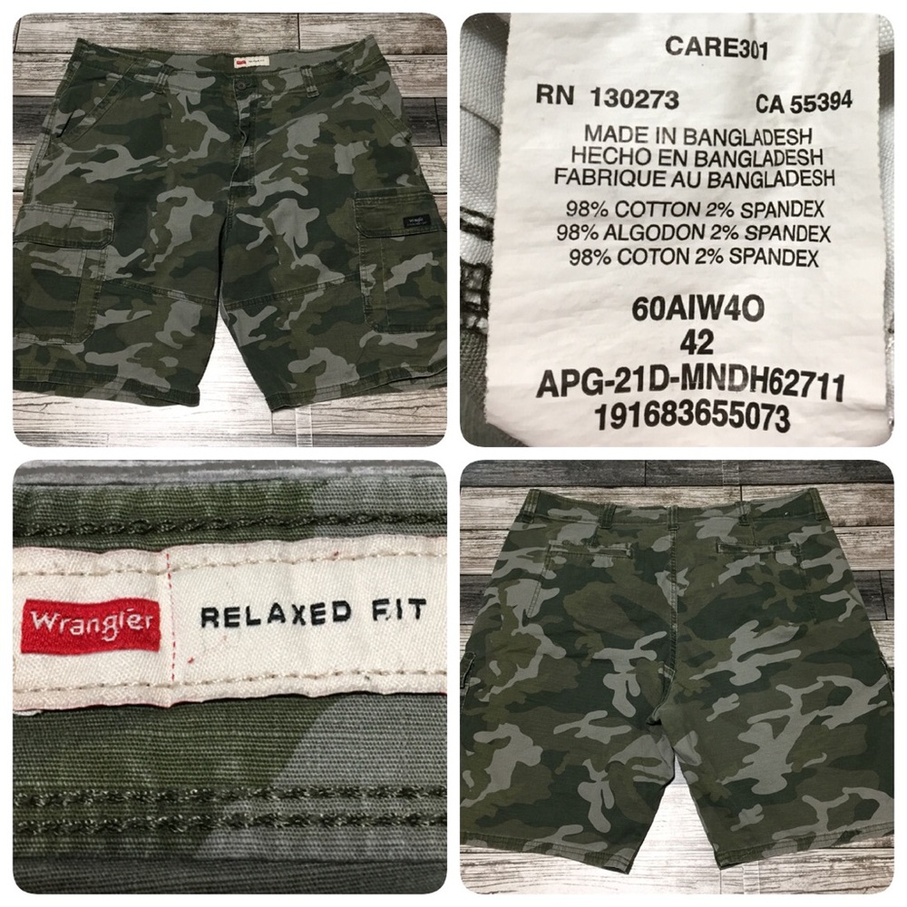 Wrangler Relaxed Fit Camo Cargo Shorts Men’s 42 Green (Inseam 9.5)